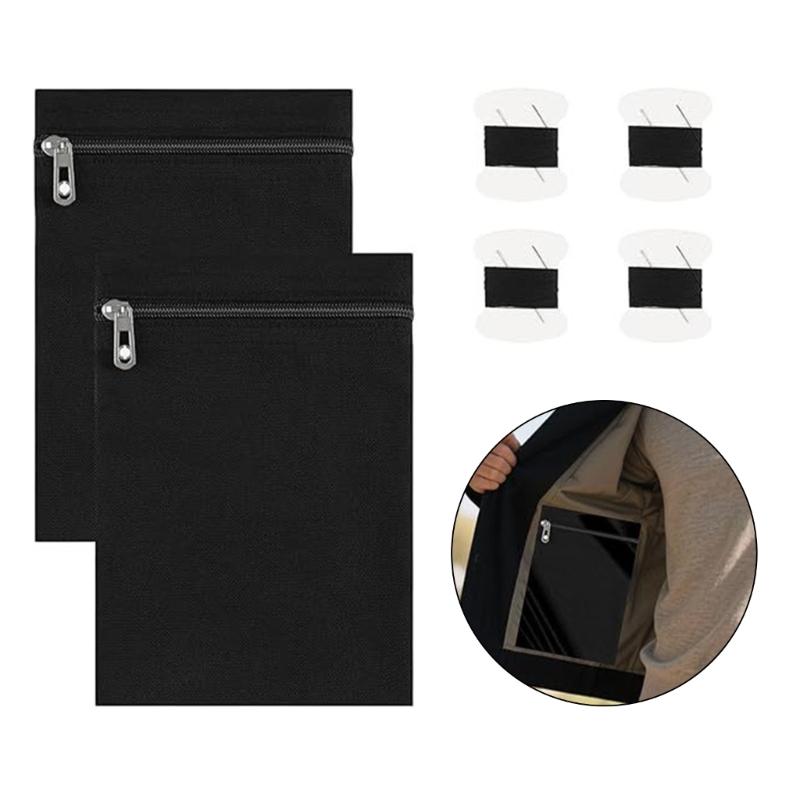 2Pcs Sewn In Invisible Pocket Zippered Canvas Fabric Concealed Storage Pocket for Coat Jackets Clothing Accessories
