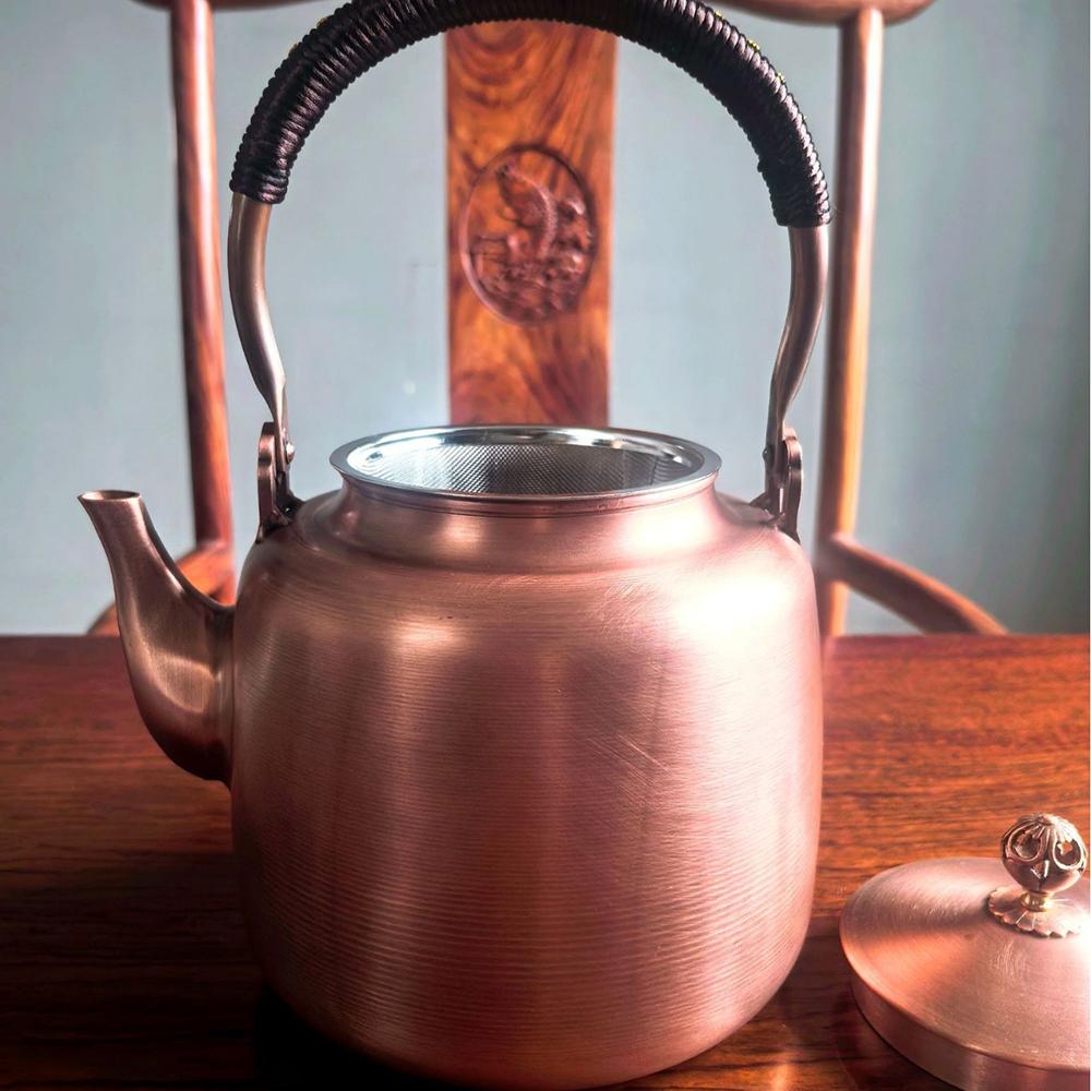 Chinese Style Copper Tea Kettle With Strainer, Handmade Red Copper Teapot, Large Capacity Boiling Water Kettle, 2200Ml