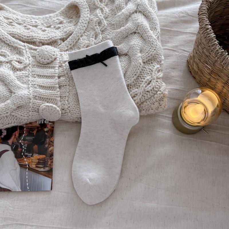 Sweet Lace Bow, Cute and Simple Stacked Socks, Small Fragrance Plain-colored Socks, Mid-calf Socks, Children's Socks