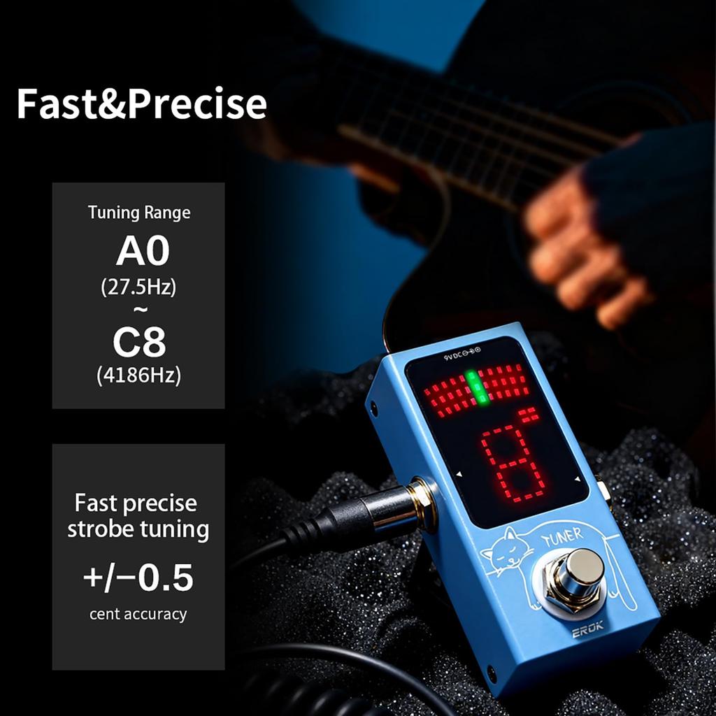 EROK Mini Tuner Pedal Compact Size Electric Guitar Bass Pitch LED Indicator True Bypass