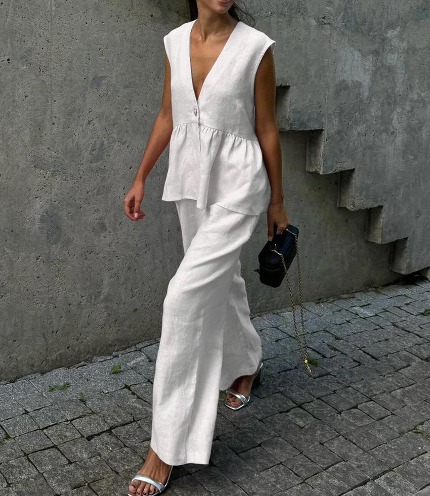 2025 Women's European-American Solid Color V-Neck Sleeveless Top & Long Pants Two-Piece Set - Stylish & Comfy