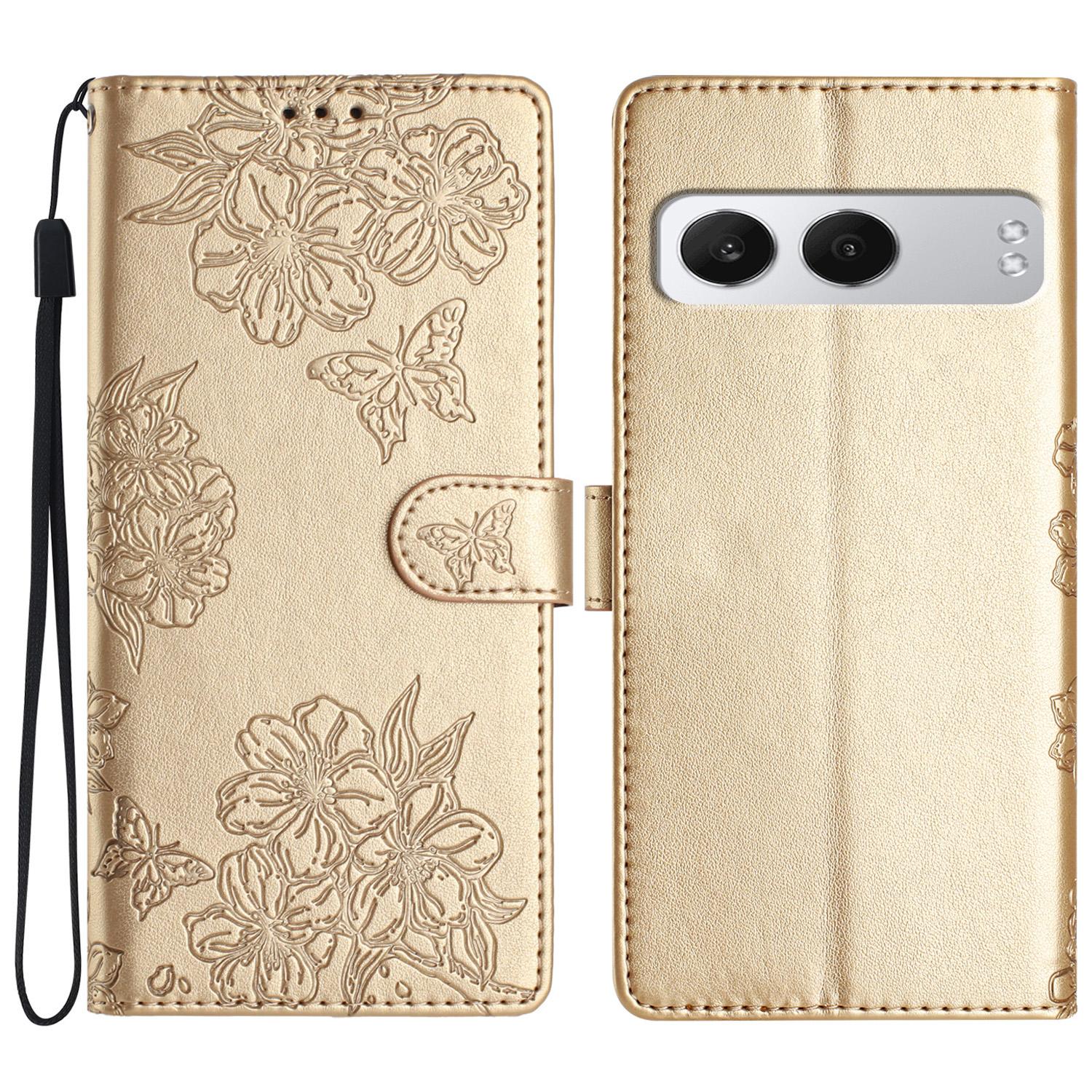 

For OnePlus Nord 4 Case Butterfly Flower Drop-Proof PU Leather Wallet Phone Cover Gold