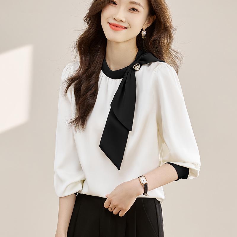 Damen Rotes Chiffonhemd - Langärmlig, Stehkragen Mode für Frühling 2025