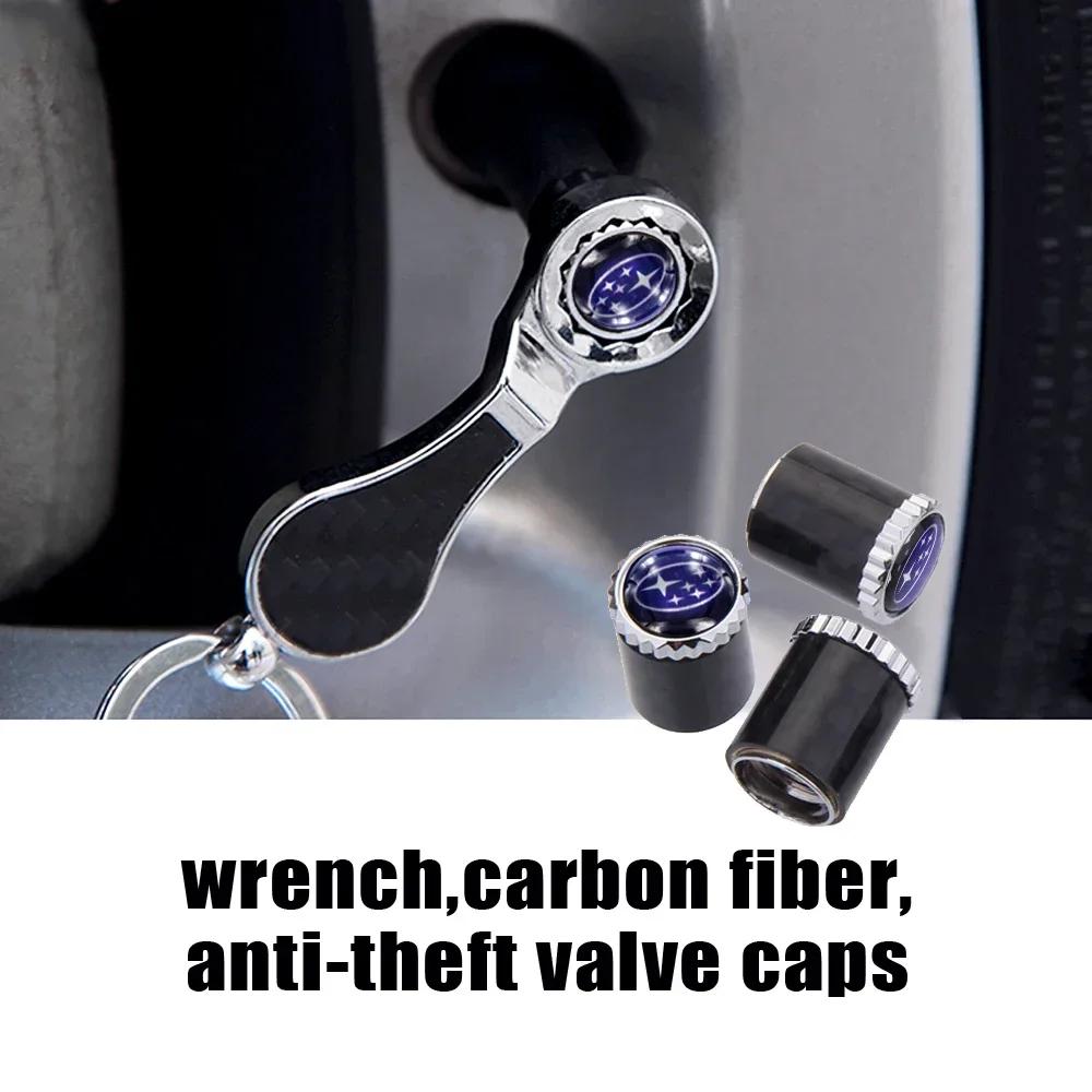 For Subaru STI XV Outback WRX Forester Impreza Legacy BRZ 4pcs Carbon Fiber Car Logo Tire Valve Cap Wrench Auto Wheel Decoration X2