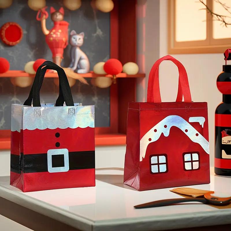 6/12PCS Non-woven Waterproof Retail Bags Red Gift Tote Bag Reusable Santa Claus & House Merry Christmas Mall Shopping Bags