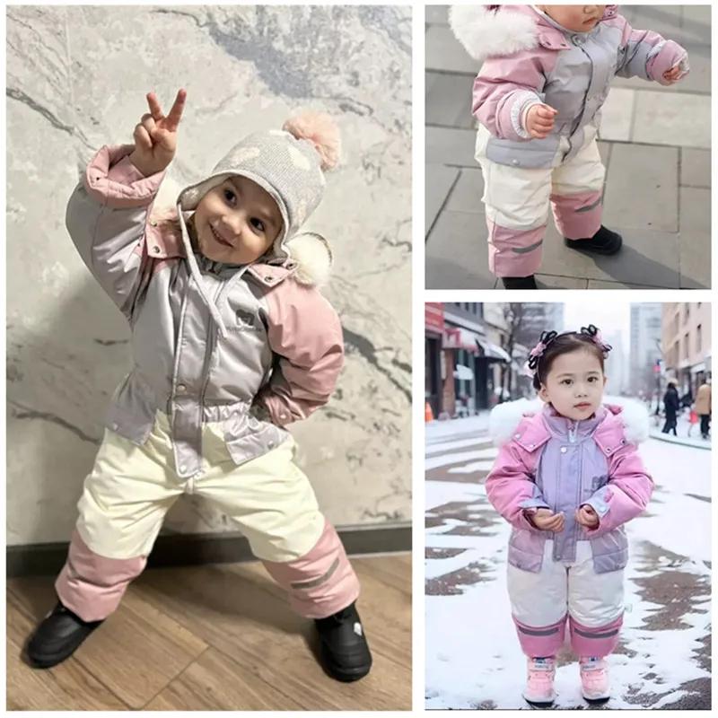 Children Winter Ski Suit Coat Thicken Baby Jumpsuit Warm Children Jacket Waterproof Hooded Kids Baby Clothes 1-5Years