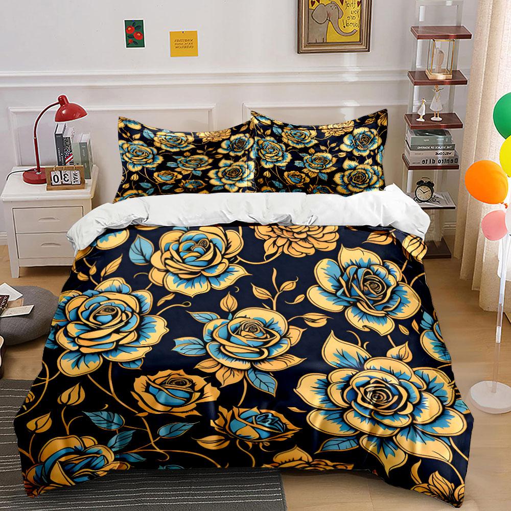 Exquisite Blue and Yellow Rose Print Bedding Set 1 Duvet Cover 2 Pillowcases for Adult and Children Luxury Gift Full Size