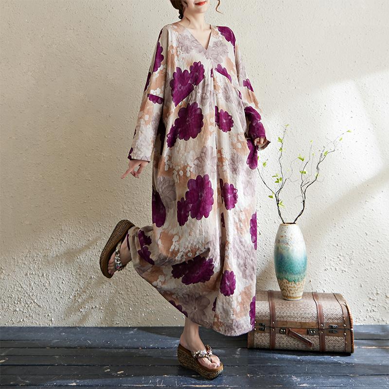 DIMANAF 2025 Women Plus Size Long Dress Loose Printing Vintage Casual Floral Oversize Long