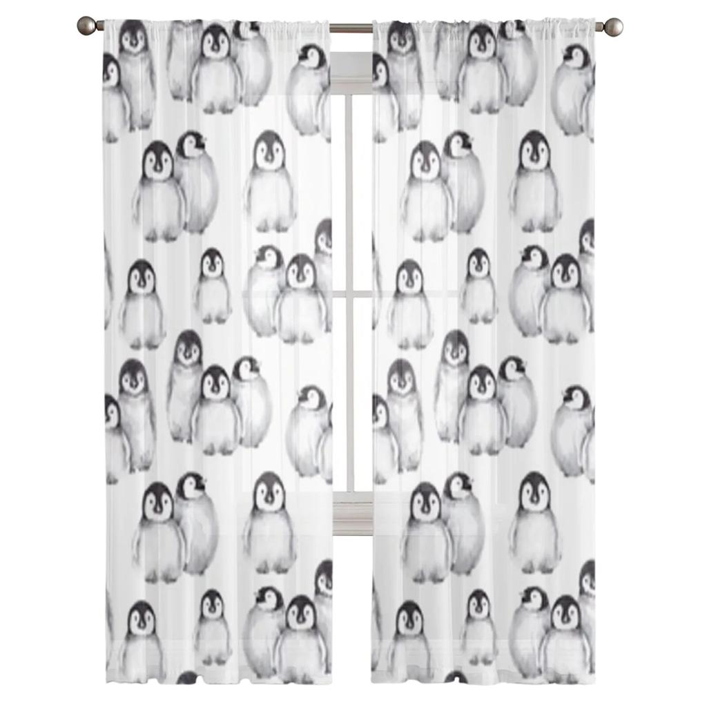 Cute Baby Penguins Sheer Window Curtains For Living Room Bedroom Modern Voile Tulle Curtains Fabric Drapes For Kitchen
