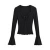 2023 Hot Girl Square Neck Metal Ring Hollow Long Sleeve Top - Sexy Clavicle Exposed Slim Fit Autumn Shirt with Flared Sleeves