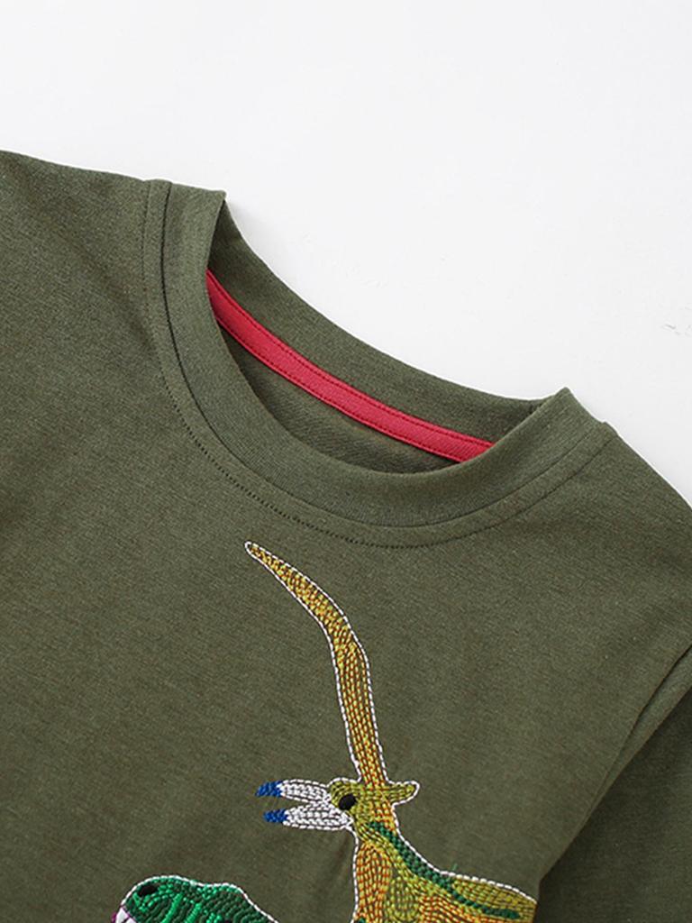 Boys' Dino Embroidery Long-Sleeve Green T-shirt, Casual Autumn/Winter Base Layer, Small/Medium