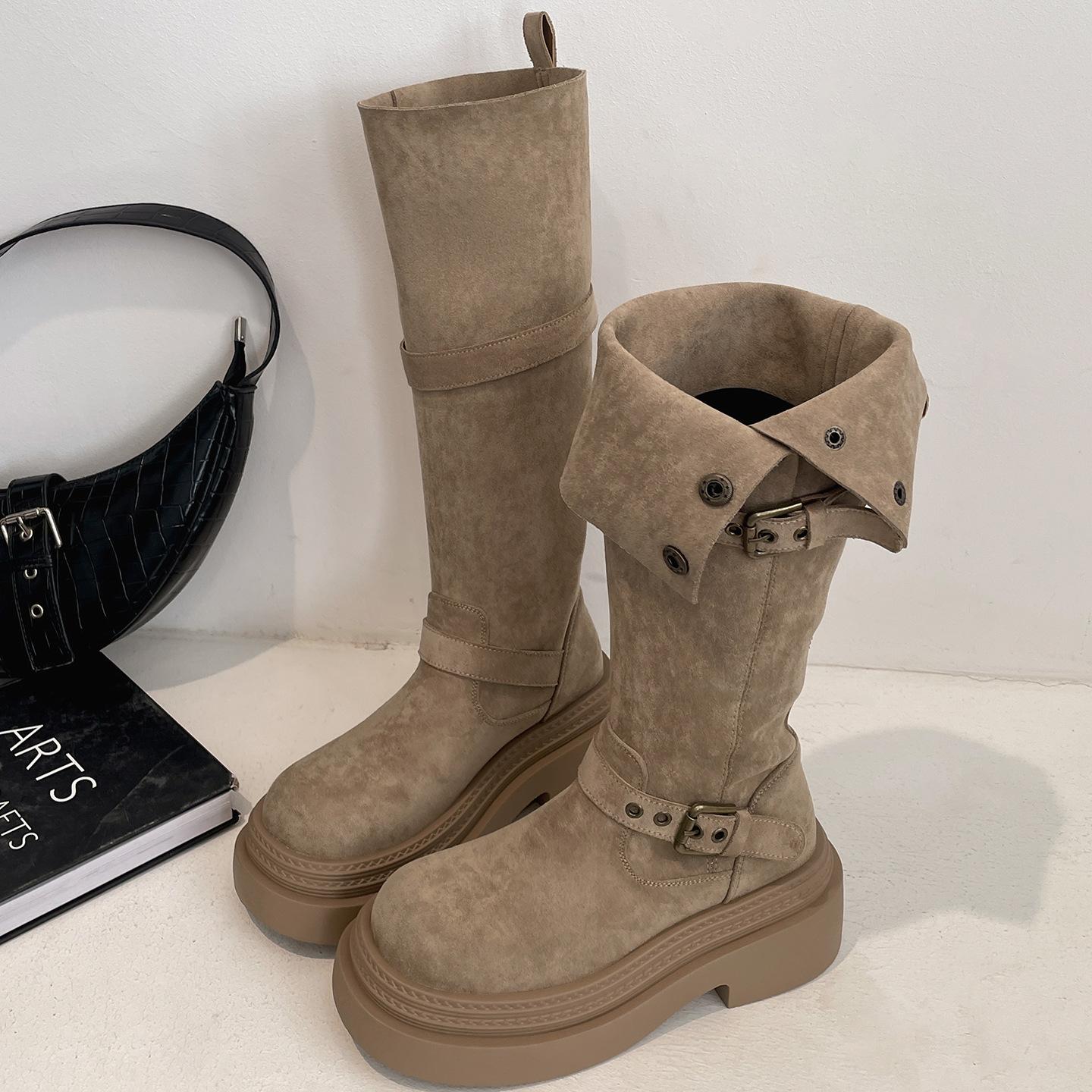 

Vintage brown Maillard style platform boots women s boots 2025 new autumn height-increasing and thin knight boots 40 хаки