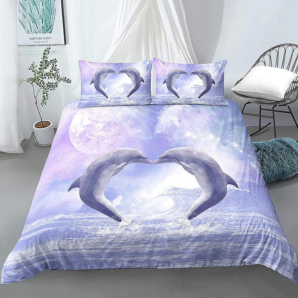 Dolphin Duvet Cover Set Cute Kawaii Wild Animals King Queen Full Size Polyester Bedding For Kids Boys Girls