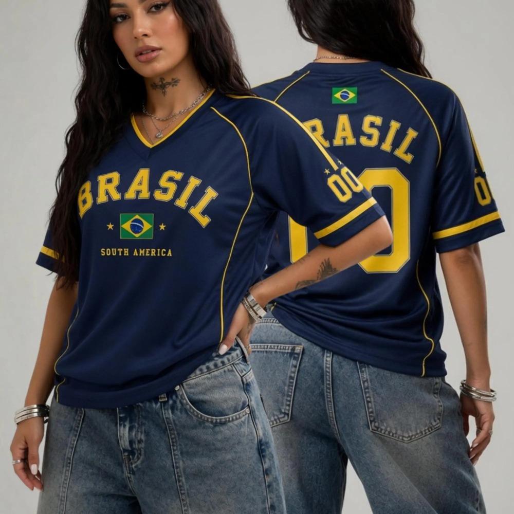 Avslappnade V-ringade T-shirts för Kvinnor med Tryck av Brasiliens Nationalemblem Kortärmade T-shirts Brasilien Supporter Fotboll Sporttröja Damkläder