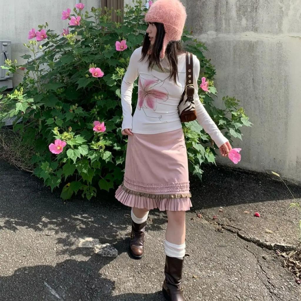 Fairycore Slim Graphic T Shirts Long Sleeve Korean Fashion 2000s Clothes Y2k Women's T-shirt New Tops Tees