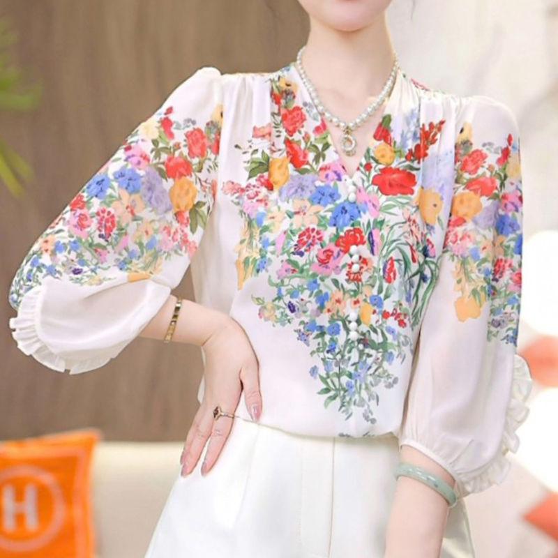 

Женская рубашка в корейском стиле с оборками и цветочным принтом, элегантная шикарная блузка из шифона с V-образным вырезом и рукавами 3/4, весенне-летняя повседневная свободная блузка XXXL бежевый