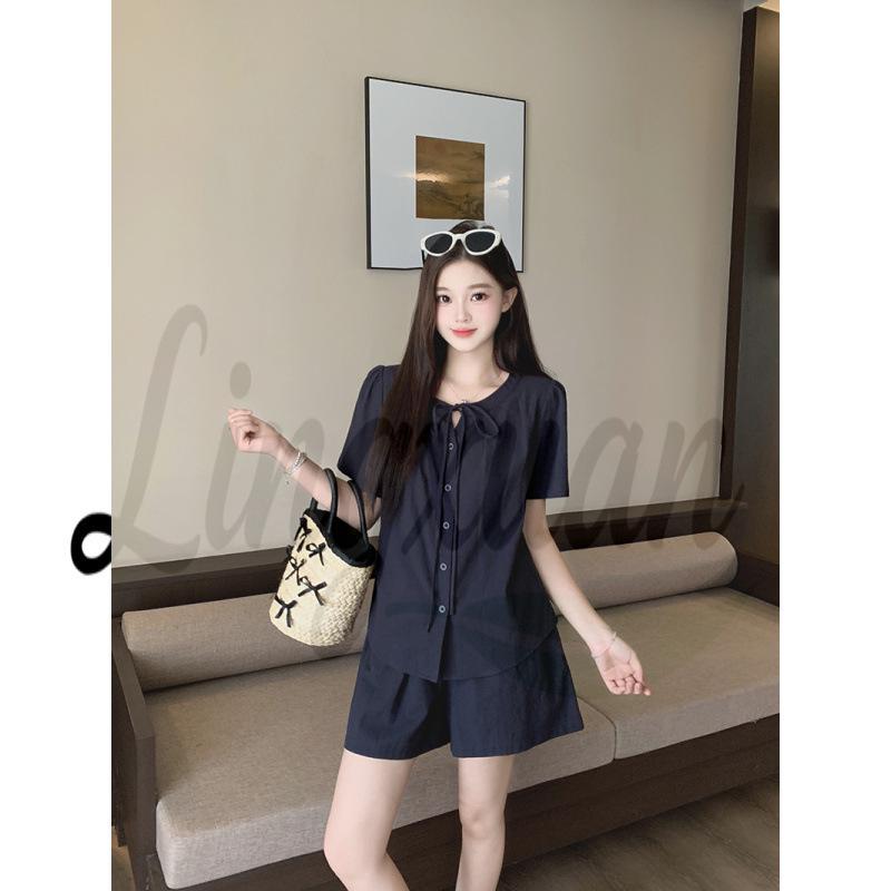 2026 Summer Plus Size Women s Fashion Bow Tie Lace-Up Short Sleeve Slim Shorts Set XL