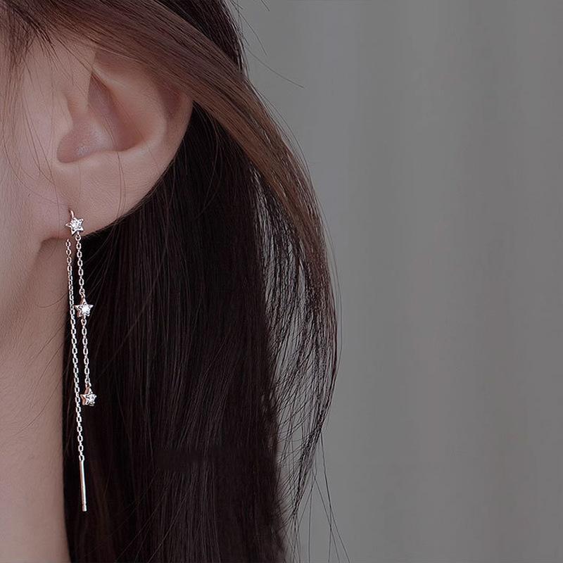 1Pc New 925 Silver Needle Star Tassel Earrings Small and Delicate Five Pointed Star Zircon Long Earrings Women's Fashion Jewelry