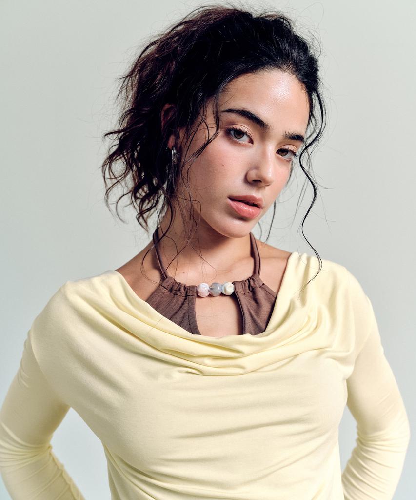 ASIF CALIE Layerd Beads Cowl Neck T-Shirt Yellow