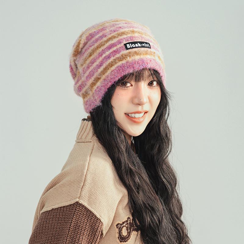 Retro Striped Plush Pile Hat Women's Autumn and Winter Warm Big Head Circumference Loose Cold Hat Showing Face Small Knitted Wool Hat