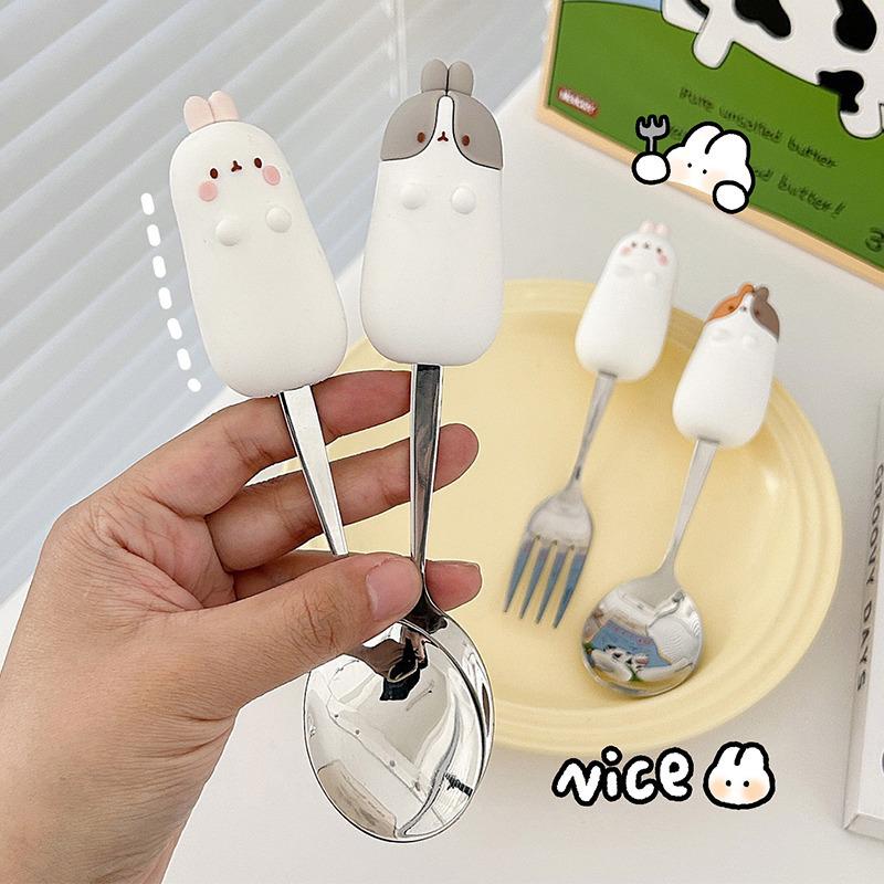 Cute Cartoon 304 Stainless Steel Children's Spoon & Fork Set - Anti-Fall & Durable Baby Tableware
