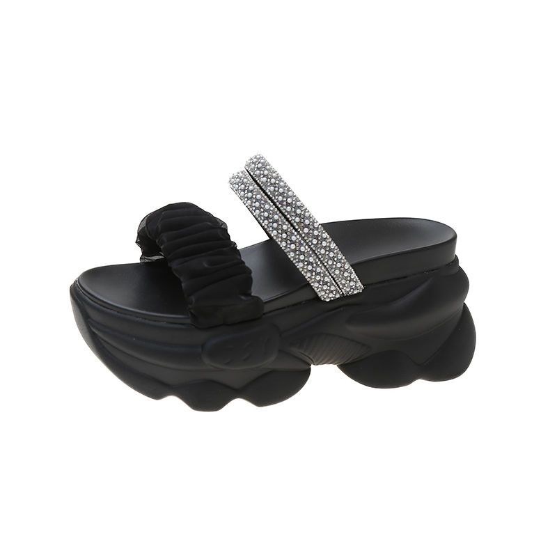 CINESSD Summer Platform Slippers Women Blue Pleated Riband Discolor Ladies Chunky Sole Beach Cool Wedges Slides Shoes Woman