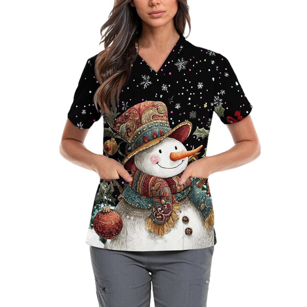 Women's Cute Bow Printed Work Clothes V-neck Double Layer Pockets Basic Short Sleeve Top Pullover