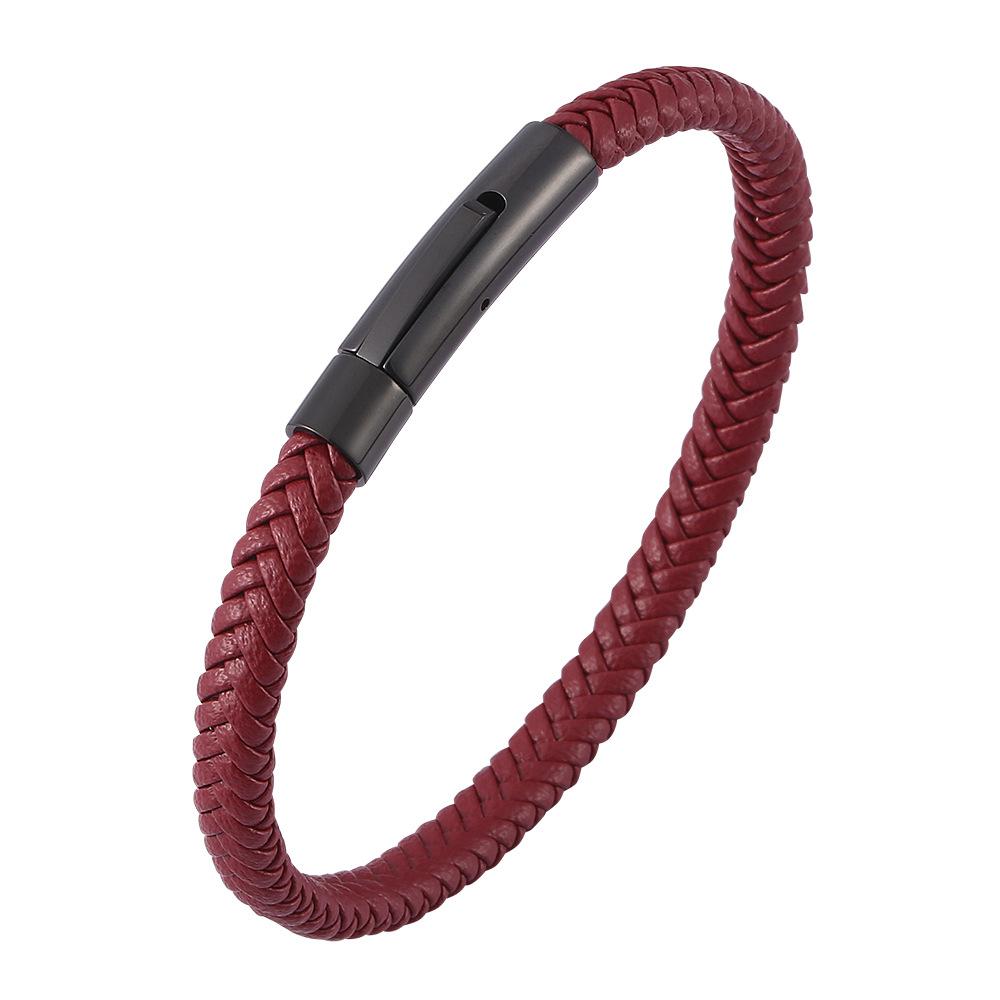 Pulsera Clásica de Acero Inoxidable para Hombre y Mujer Cuerda Trenzada de Cuero Rojo Vino Botón Negro de Alta Calidad Joyería Regalos