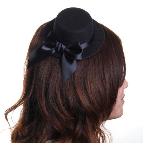 Ladies Party Fashionable Bowknot Charms Mini Top Hat Fascinator Burlesque Millinery Black with 2