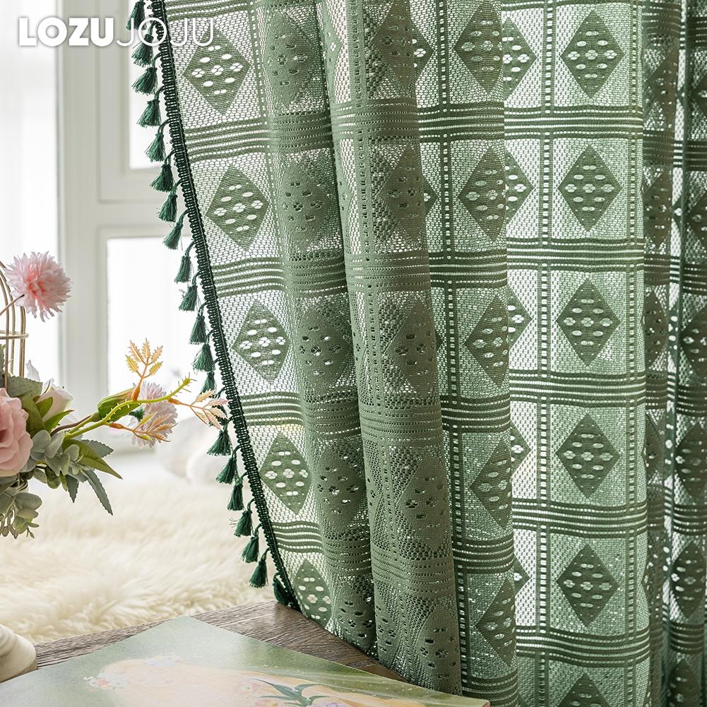 1PC LOZUJOJU 10-20% Blackout French Retro Solid Color Hollow Square Grid Fringe Curtain for Living Room Bedroom Balcony Home Decor