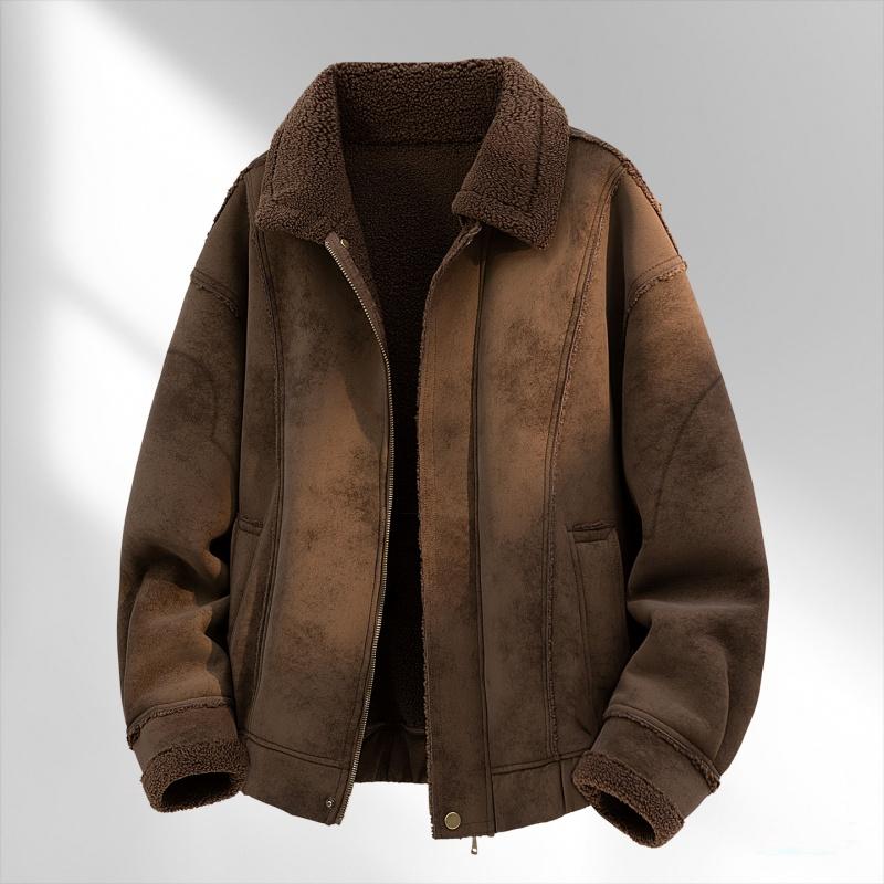 Herbst- und Winterjacke für Herren mit dickem Pelzkragen, warm, Baumwolljacke, einfarbig, mit flauschiger Lammwolle, lockere Passform