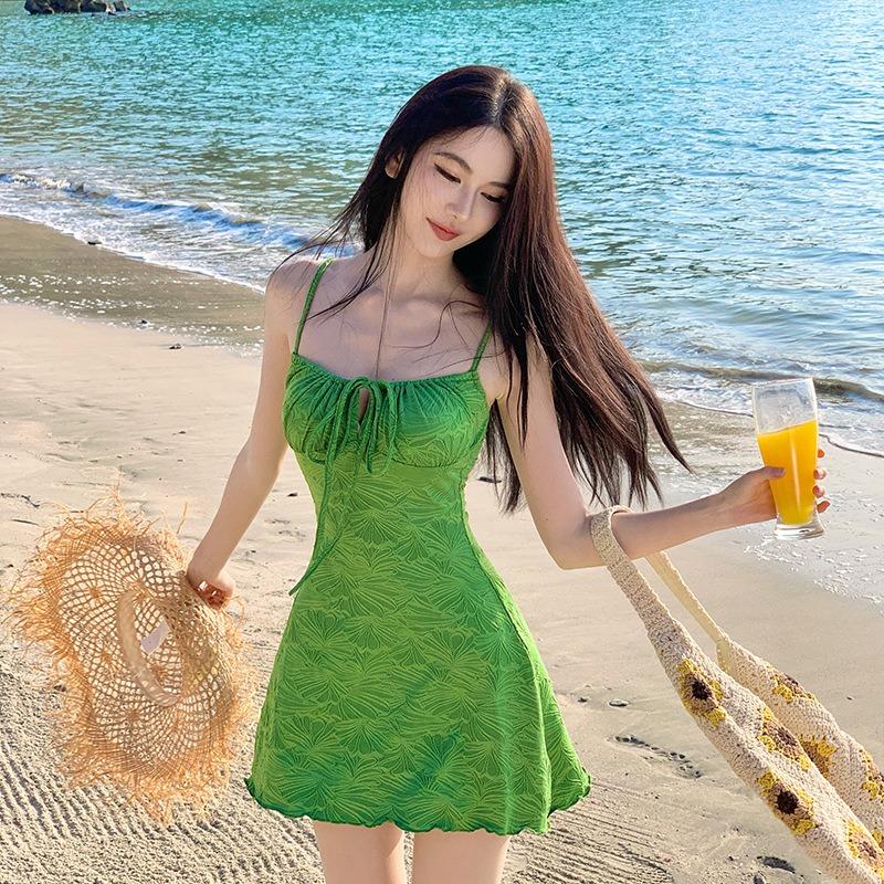 Retro Vacation Texture Green Suspender Tube Top Dress Small Short Skirt Travel Vacation Photo Wear