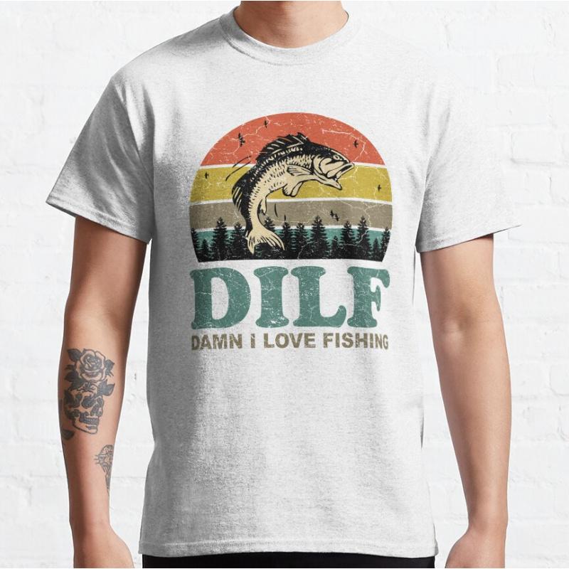 DILF Damn I Love Fishing Retro Vintage Sunset Funny Fishing Gift fishing humor Graphic T Shirts for fisherman large size