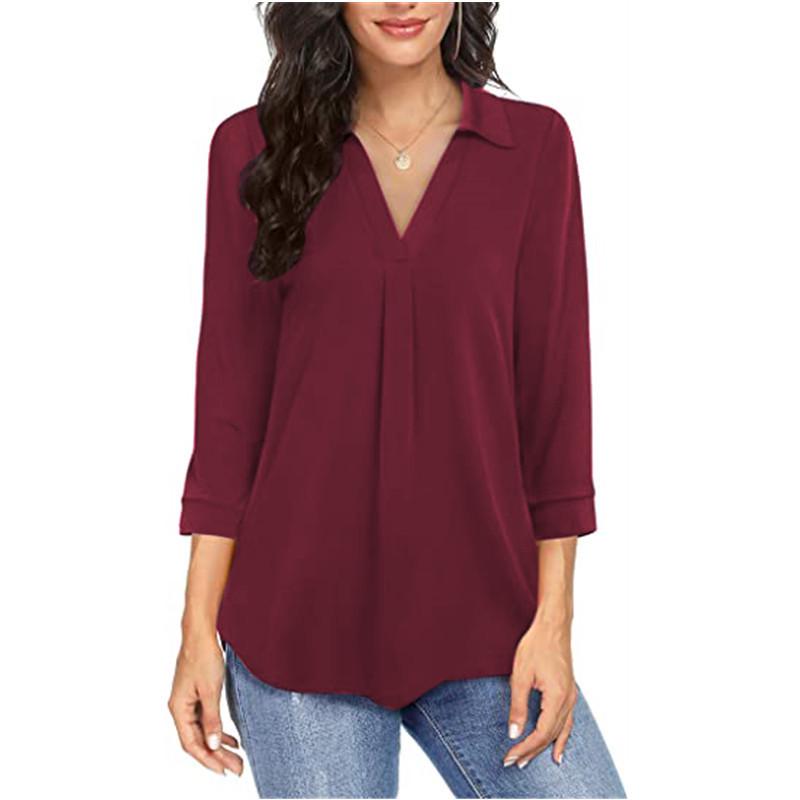 2025 Elegant Chiffon V-Neck Women's Shirt - Three-Quarter Sleeves, Solid Color