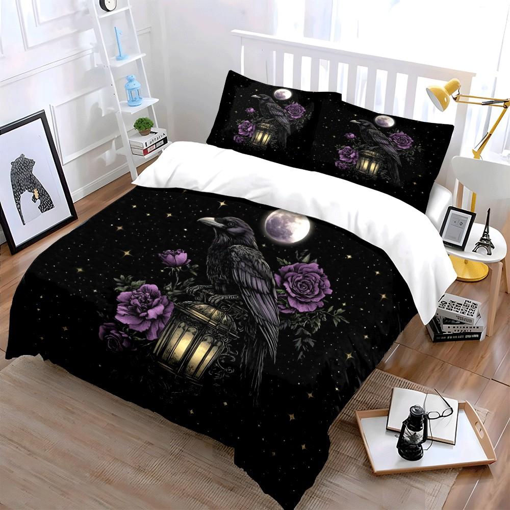 Raven, Lantern, Moonlit Elegance Exquisite Three-Piece Bedding Set Gift For Kids And Adults
