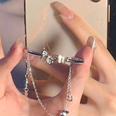 Women Bracelet Chain Tassel Decor Half Bangle Opening Adjustable Butterfly Pendant Solid