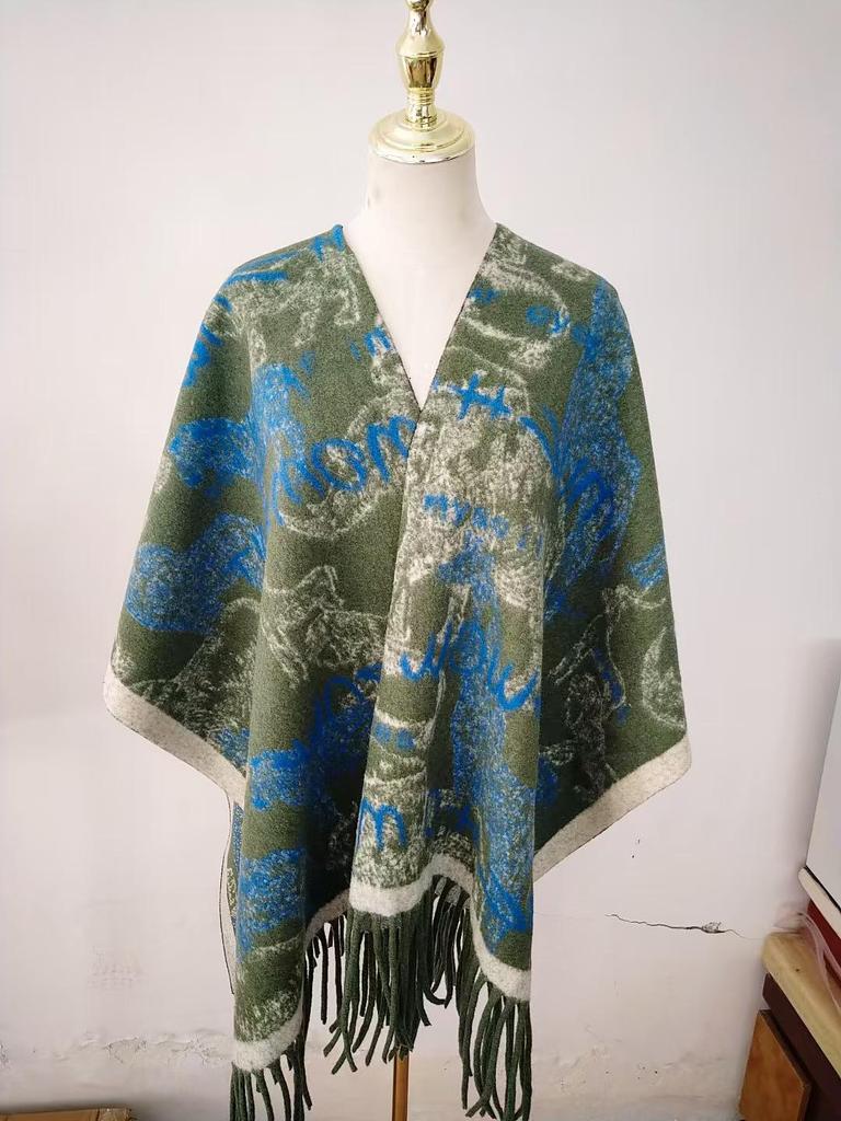 Elegant Ethnic Ink Painting Cape Shawl with Tassels - Versatile Travel Scarf Cloak