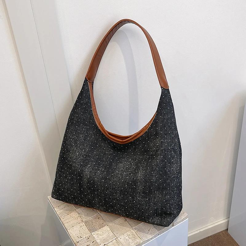 Elegant Large Capacity Tote Bag for Women  Versatile Shoulder Bag for Travel  Denim Bag Underarm  Fashionable Shoulder Bag
