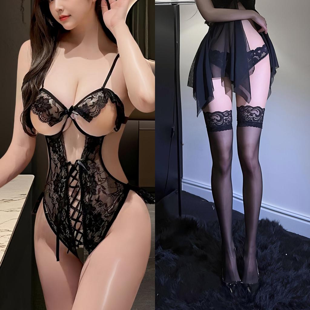 Sexy underwear Sexy small chest steel ring onesie Passion temptation Hollow breast suspender Lace free suit women