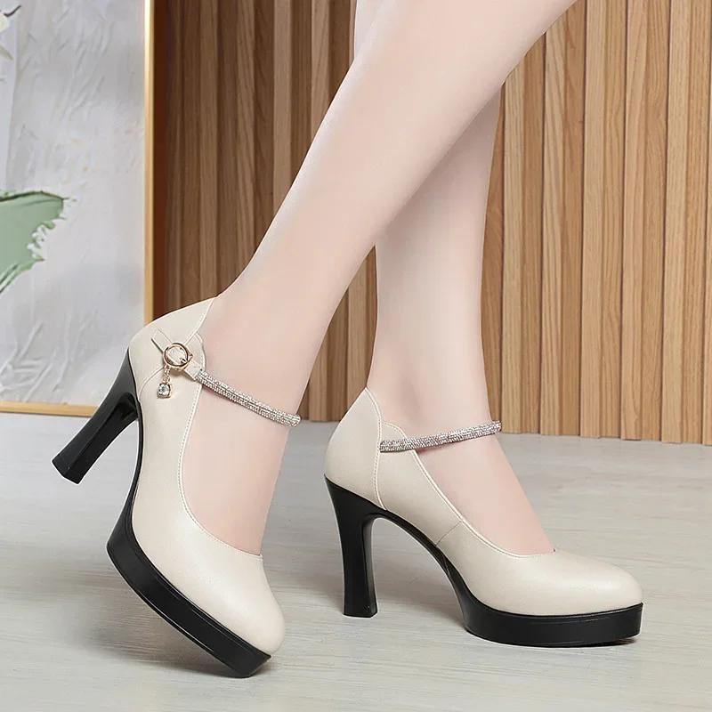 

9,5 см Элегантные Удобные Туфли из Мягкой Кожи Женские Туфли на Платформе Осень 2025 Блочный Высокий Каблук Обувь для Офиса Модельное Платье Мама 39