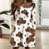 Women Plus Size Long Sleeve Scallop Neck Printed White Dress