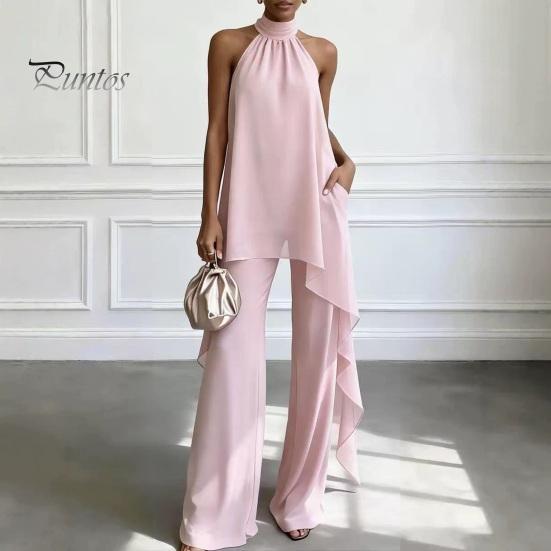 Completo da Donna Set da Casa da Donna, Completi in Chiffon da Donna a 2 Pezzi, Top Asimmetrici con Scollo all'Americana Senza Maniche con Abbigliamento Traspirante Pantaloni a Gamba Larga Outfit Estivi, Casual