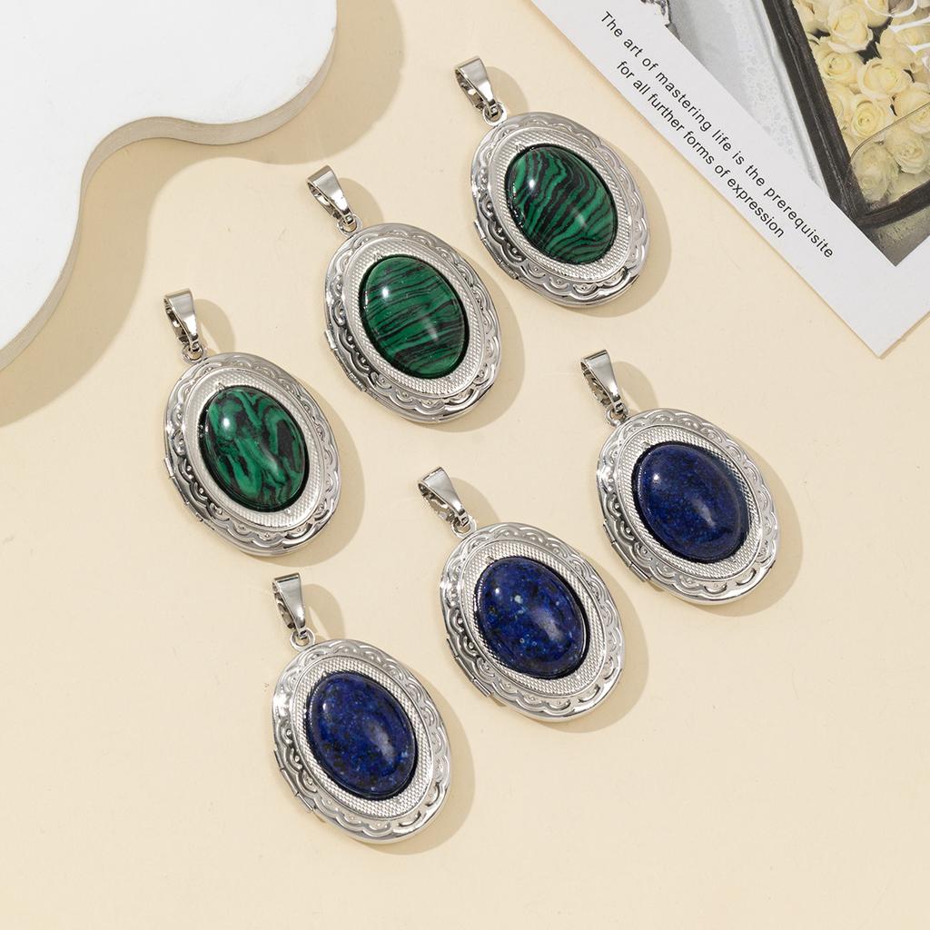 1Pc, Natural Stone Oval Pendant, Boho Malachite Lapis Lazuli Gemstone Charms for Women Men Necklace Hanging Decoration Accessories, Jewelry Making