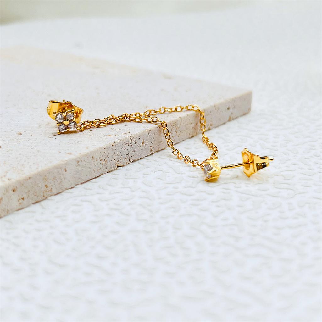 New Arrival Zircons Flower Ear Stud Earrings For Women Luxury Double Studs Chain Tassel Stainless Steel Earring Piercing Jewelry