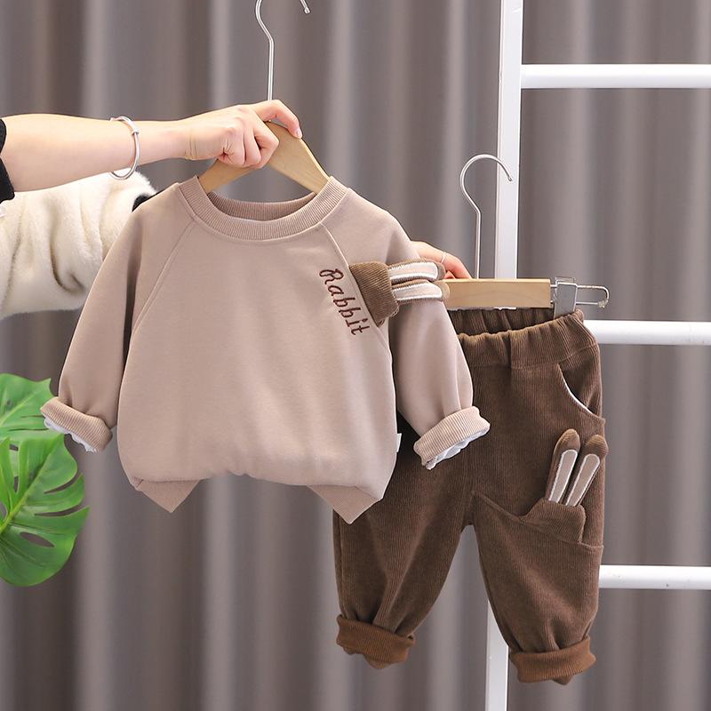 Autumn and Winter Boys Clothing Set New Children's Korean Edition Hooded Sweater Pants Two piece Set Girl Baby Velvet Set