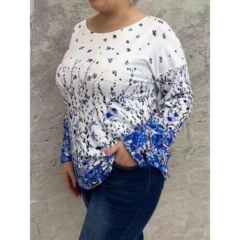 Plus Size Women S Long Sleeve Crew Neck Floral Print Spliced T Shirt