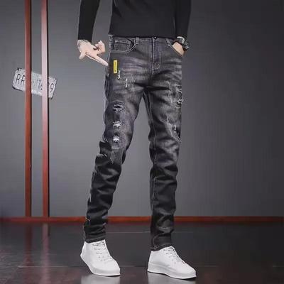 Pánské černé slim-fit roztrhané džíny - Trendy korejský styl pro jaro a podzim