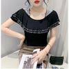 Summer Ruffles Hot Diamonds Square Collar T-Shirts Women Short Sleeved Mesh Tops Shirts Streetwear Girl Fashion Tees Blouse