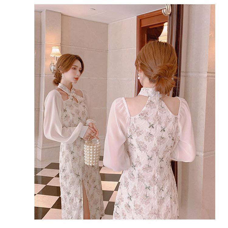 Besticktes Perlen-Cheongsam-Kleid mit schlanker Passform, mittellang, sexy Seitenschlitz, lange Kleider