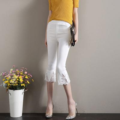 Yousheng Women Cropped Pants Solid Color High Elastic Summer Flared Pants Lace Stitching Trim Tight Leggings with Pockets